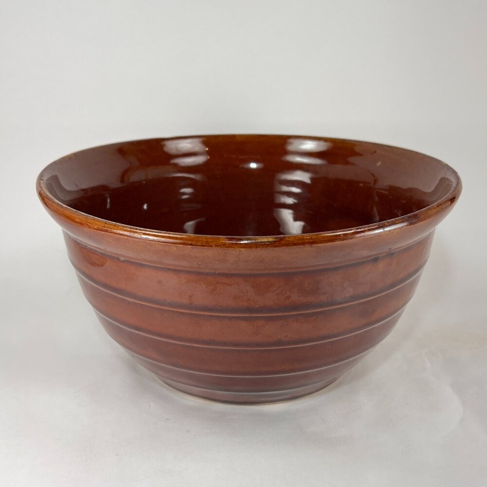 Vtg Marcrest Mixing Bowl Oven Proof Banded Brown Glazed Stoneware Farmhouse 9"